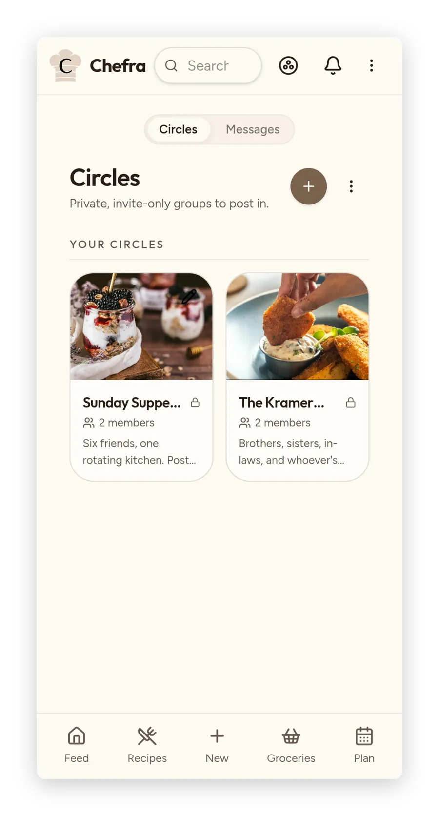 Chefra Circles screen showing private invite-only groups